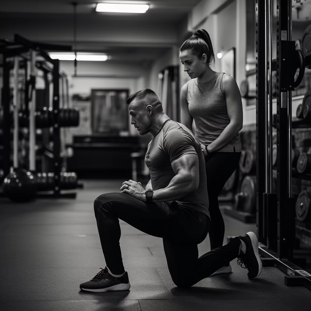 Expert fitness trainer advising athlete on proper technique